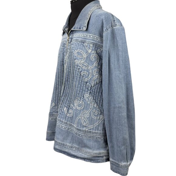 Vintage DRAPERS & DAMONS Denim Jacket Zip Front Embroidered Stretch Womens 1X - Picture 3 of 9